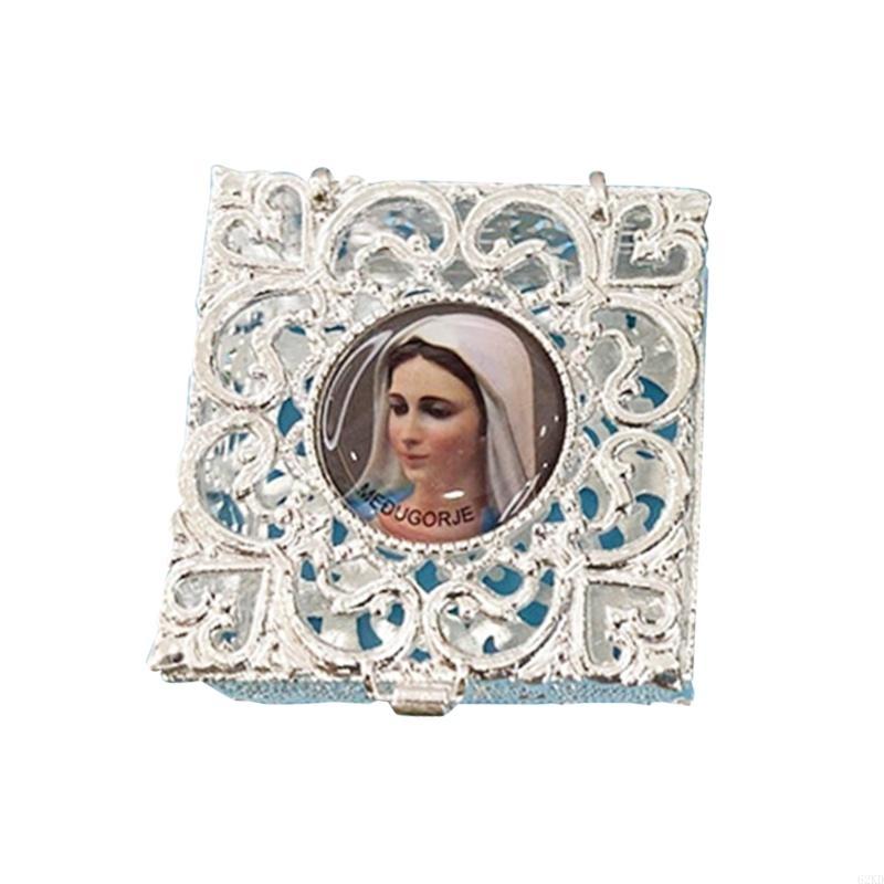 62KD Rosary Bead Box Necklace Metal Christian Catholic Religious Jewelry Case Storage