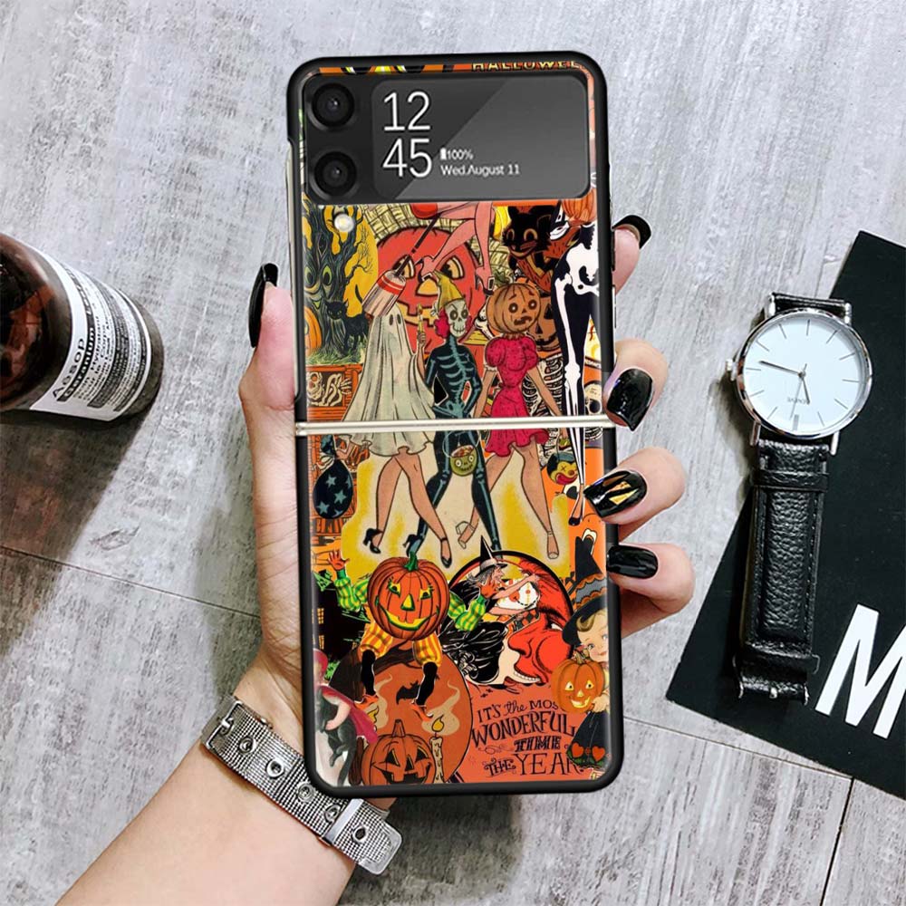 Halloween Fall Art Witch Cat Cases For Samsung Galaxy Z Flip 4 5 6 7 3 Z Flip7 Flip6 Flip4 Flip5 Flip3 5G Hard Shockproof Fundas