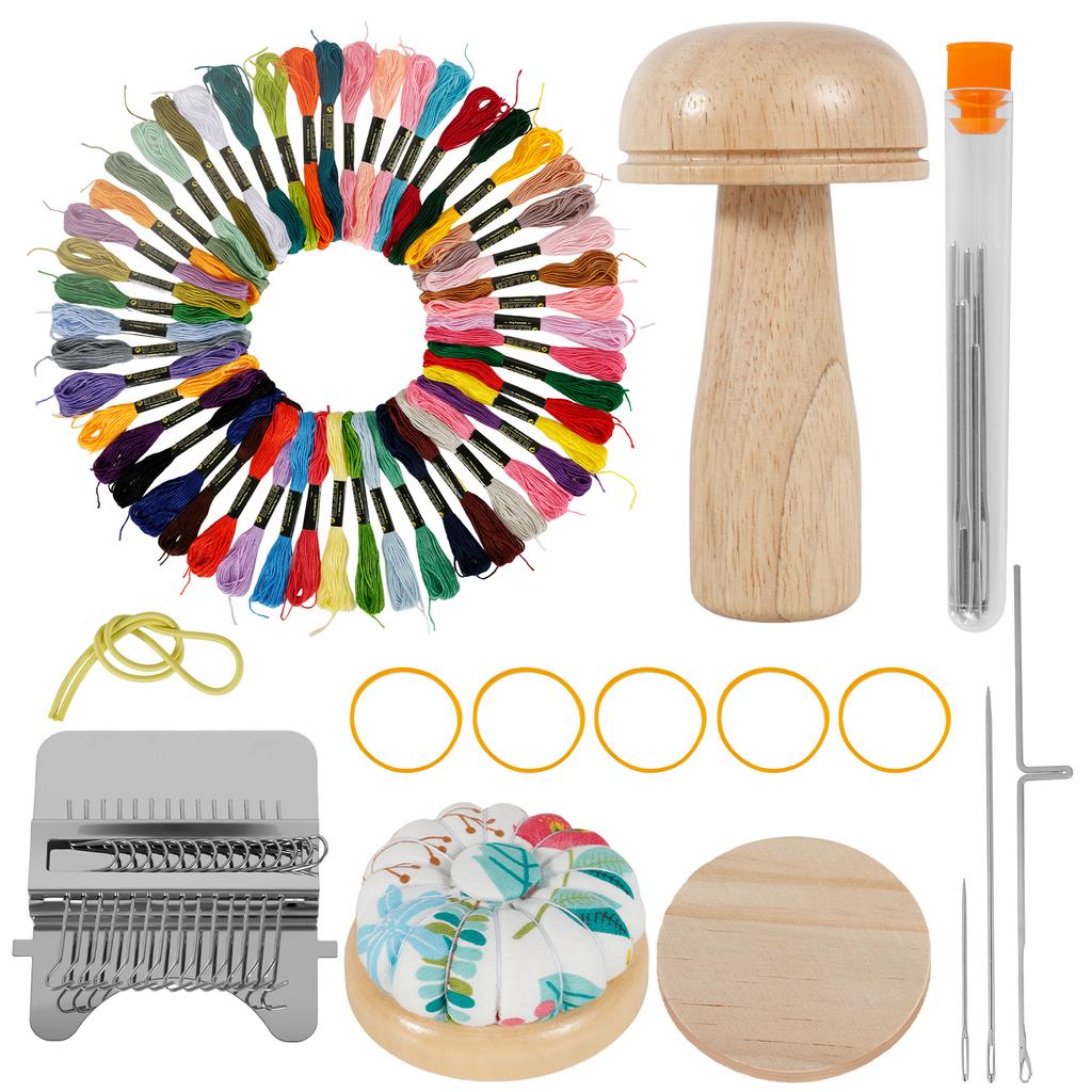 Mini Mushroom Knit Patch Kit Small Speedweve Style Weaving Darning Loom with 14 Hooks 50 Color Threads for Mending Clothes Jeans