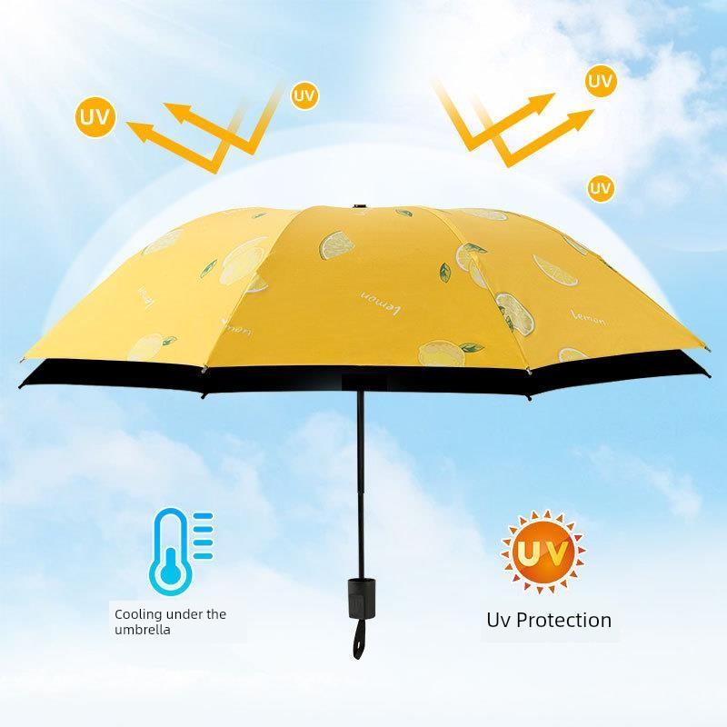 Children's Umbrella for Students, Sturdy and Durable, Foldable Fruit Umbrella for Boys and Girls, Dual-Use for Sun and Rain, Black-Coated Umbrella