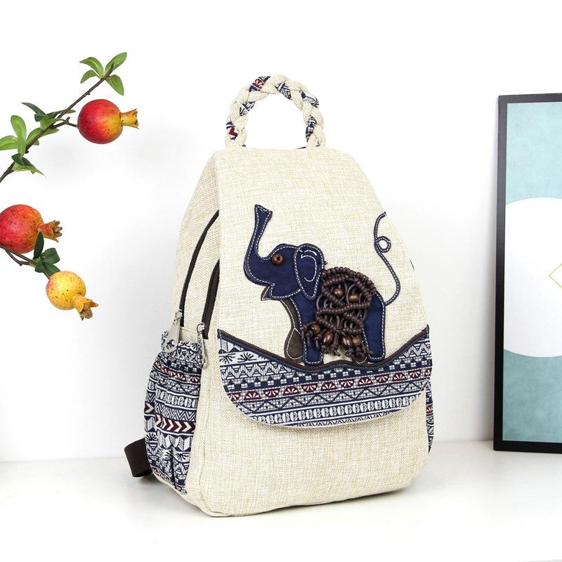 New Cotton And Linen Small Fresh Double Zipper Elephant Woven Backpack