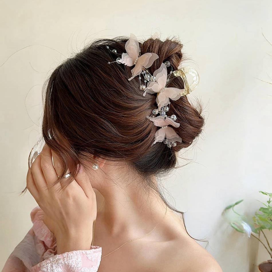 New Fashion Simulation Butterfly Hair Clips Women Elegant Pearl Bow Ponytail Clip Sweet Crab Claw Headdress Hair Accessories