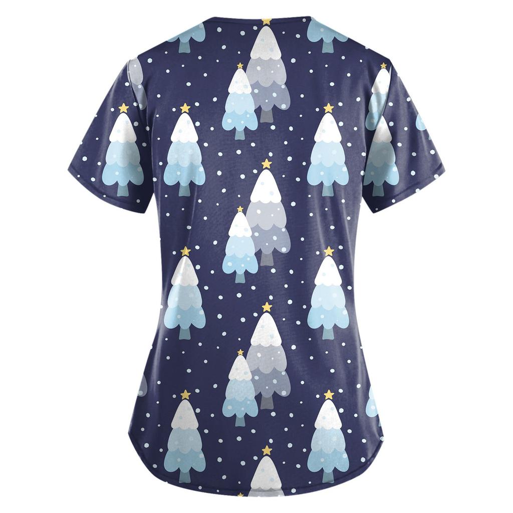 Women's Fashion Christmas Printed Short Sleeve V Neck Pattern Tops Pocket Working T-shirts