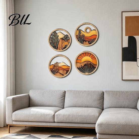 Warm Wood Grain Art 4 Pcs Boho Wall Art, Bohemian Sunset Mountain Plant Decor, Wooden Natural Tone Round Circle Hollow Out Farmhouse Hanging Ornament