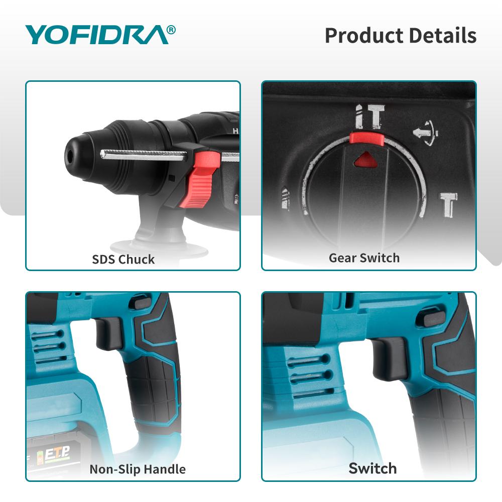 YOFIDRA 26 мм бесщеточный электрический перфоратор Многофункциональный роторный аккумуляторный электроинструмент для батареи Makita 18 В