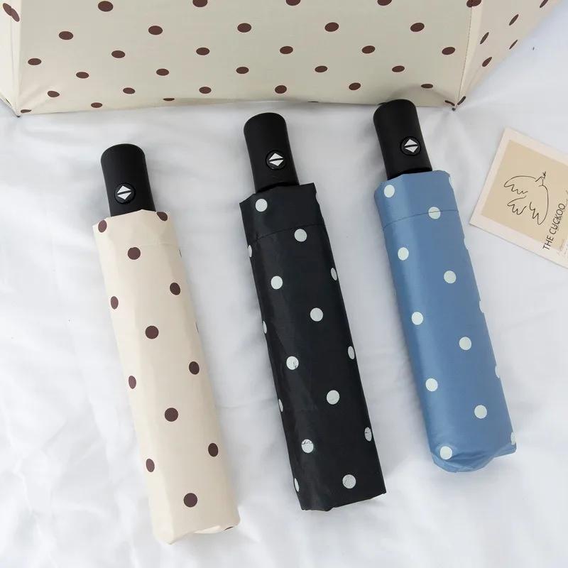 Stylish Polka Dot Auto-Folding Umbrella UPF 50+ Black Coated Sun & Rain Protection Compact Travel Umbrella