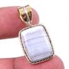 Natural Blue Lace Agate Gemstone 925 Solid Silver Two Tone Pendant 1.25'' T3B10