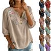 Женская льняно-хлопковая блузка-henley с цветочной вышивкой, пуговицами на воротнике, рукавами три четверти, повседневная, свободного кроя
