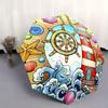Nautical-Themed Automatic Folding Umbrella with Ship'S Wheel, Lighthouse, Waves, Shells & Starfish Design - Portable Collapsib