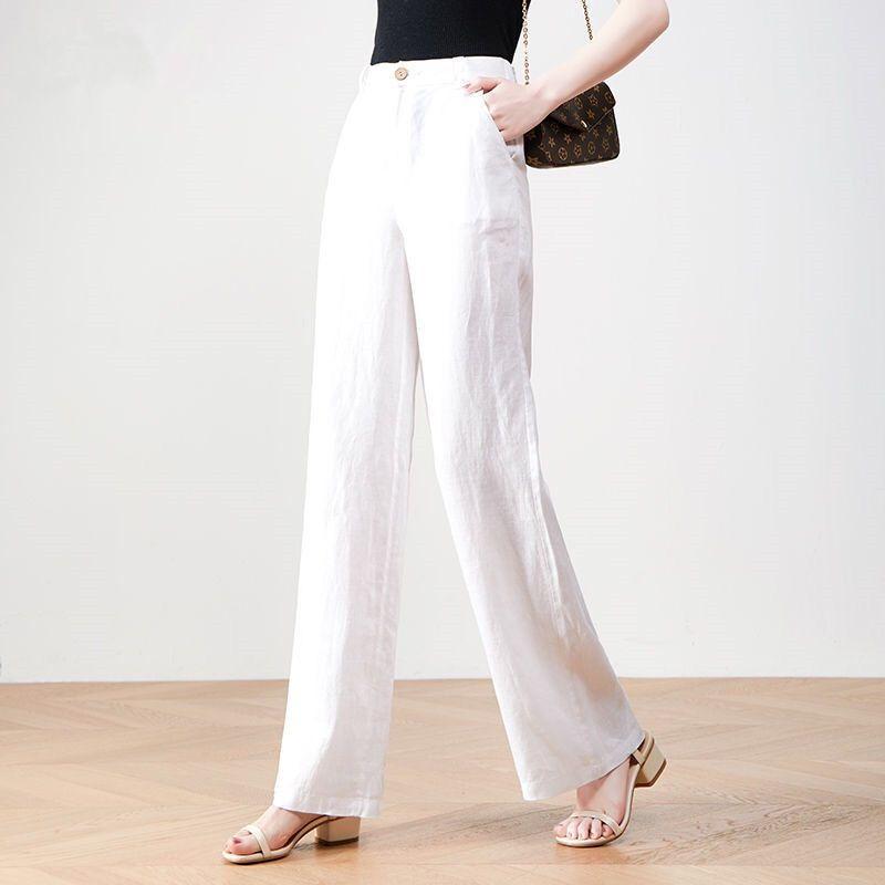 Льняные брюки широкие для женщин на лето тонкие повседневные и художественные свободные с высокой посадкой прямые брюки с драпировкой