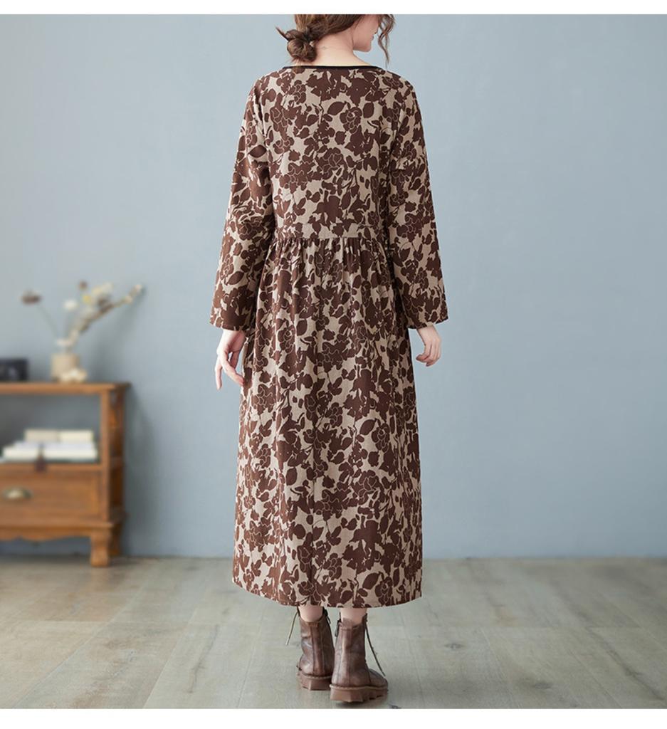 Платье с литературным и художественным принтом в стиле ретро 2025 года на осенней основе из хлопка и льна с длинной юбкой, свободная, с длинным рукавом, большая юбка-качеля для женщин