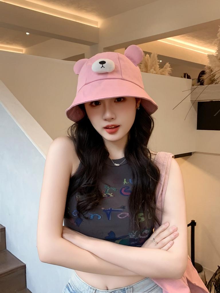 Spring Summer Bucket Hat For Women Men Cute Dog Ear Bear Nose Cartoon Fisherman Hat Outdoor Sun Hat Mountain Travel Beach Cap