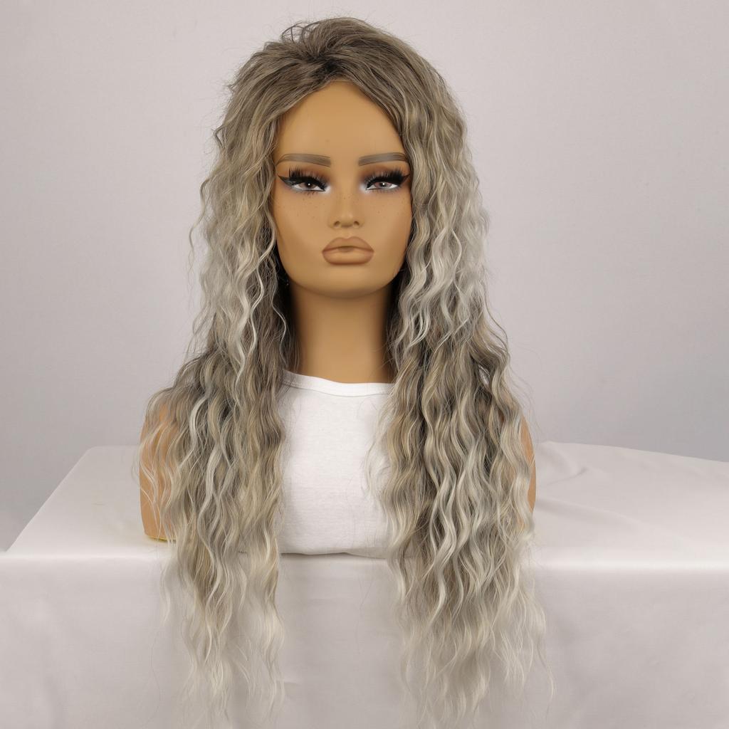 Ombre Ash Blonde Long Water Wave Natural Looking Dark Roots Synthetic Wigs for Women 80s Halloween Carnival Party Wig 28 Inches