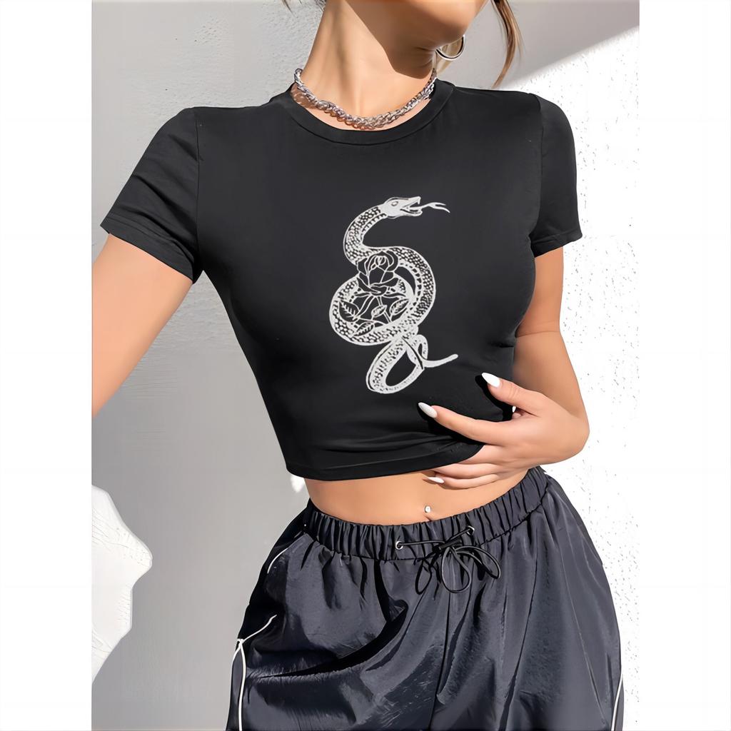 Time Women's Dark Gothic Punk Top Vintage Snake Rose Print T-shirt