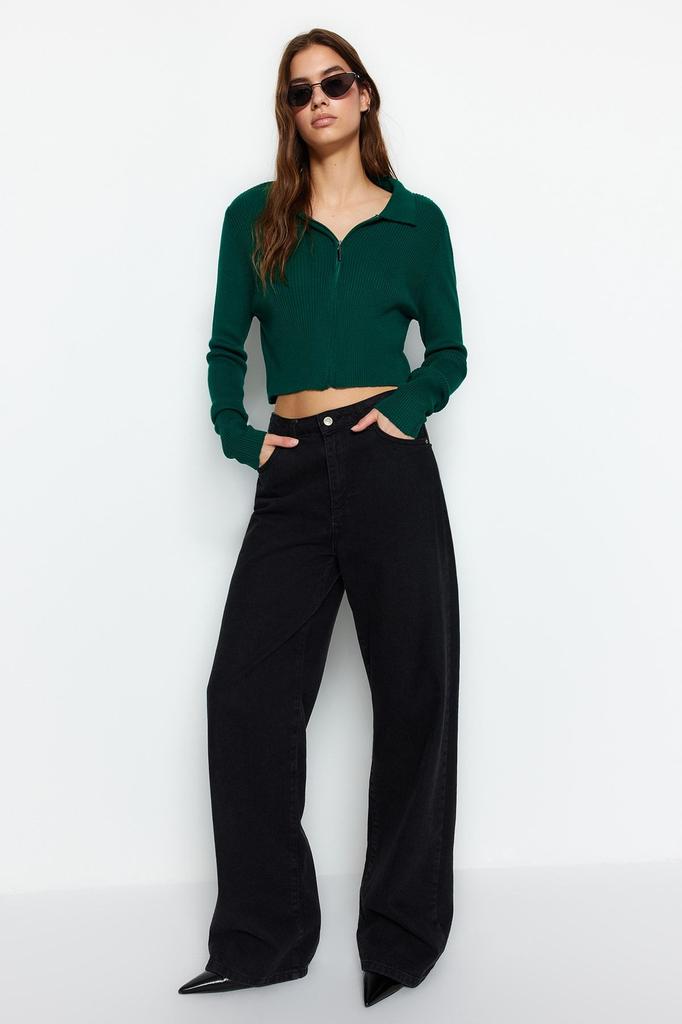 Женский элегантный кардиган Изумрудно-зеленый укороченный трикотаж на молнии кардиган