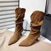 Fashion Fashion Cow Suede Pleated Single Boots Autumn New Pointed Toe Sleeve Non-Slip Wear-Resistant Stack Boots