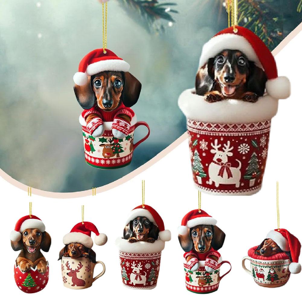 5 шт. Рождественские украшения, милые подвесные украшения для собак, такса, вечеринка, акриловое дерево для автомобиля 2024 P7Y6