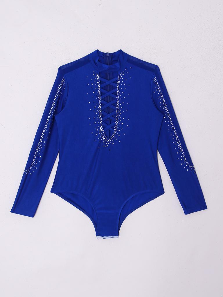 Комбинезон для латинских танцев с глубоким V-образным вырезом и длинным рукавом для фигурного катания, бальных танцев, танго, румбы, ча-ча-ча, танцевальная одежда