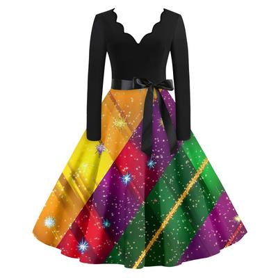 Женское повседневное модное платье с V-образным вырезом и длинным рукавом с принтом в винтажном стиле