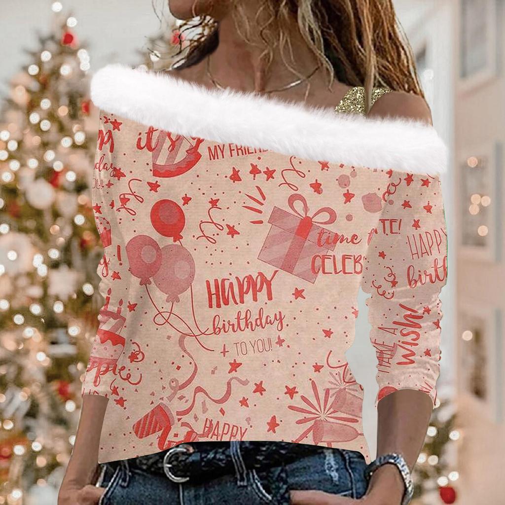 Женский повседневный свободный топ с длинными рукавами и рождественским принтом из плюша