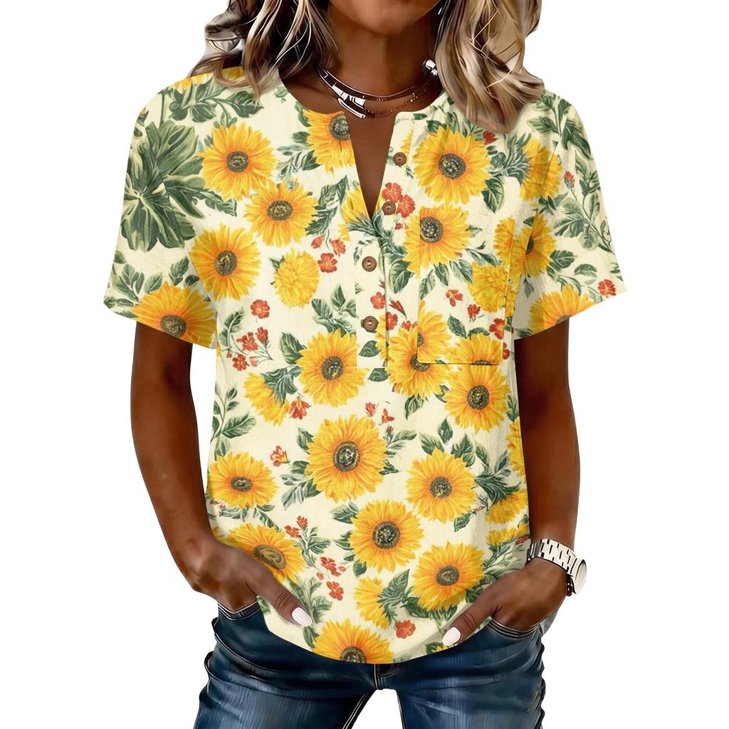 Женская хлопково-льняная рубашка-henley с коротким рукавом, принтом подсолнуха и пуговицами спереди, повседневный свободный топ для лета и весны