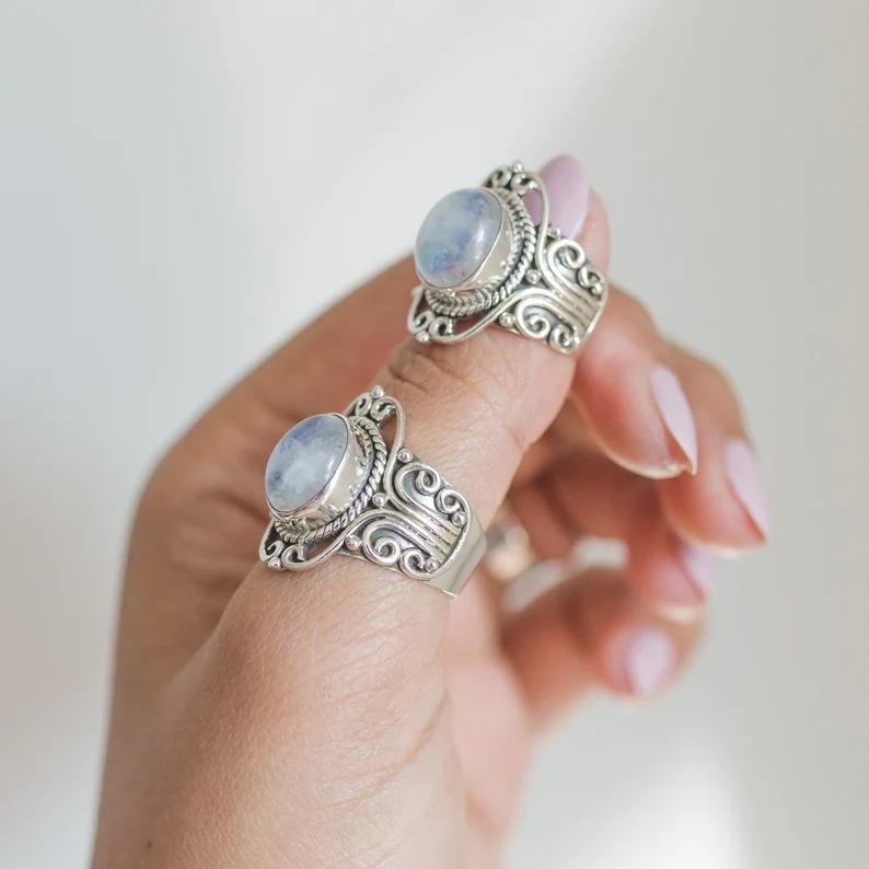 Rainbow Moonstone Gemstone Ring, Solid 925 Sterling Silver Ring, Handmade Designer Ring, Wedding Ring, Boho Jewelry