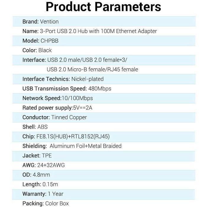 Vention Adaptateur 5-en-1 USB 2.0 Vers 3x USB 2.0 / RJ45 100Mbps Ethernet / Micro-B 0.15M Noir ABS Type