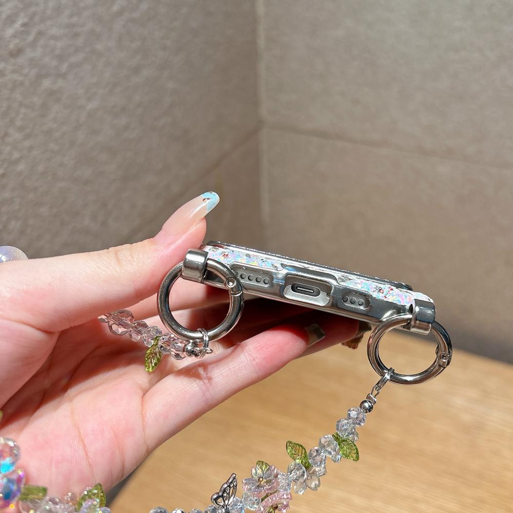 KEYSION Женский Девичий Чехол для Телефона с Цветком для iPhone 14 15 16 17 Pro Max с Карманом для Карт, Противоударная Крышка с Цепочкой-Браслетом из Бусин