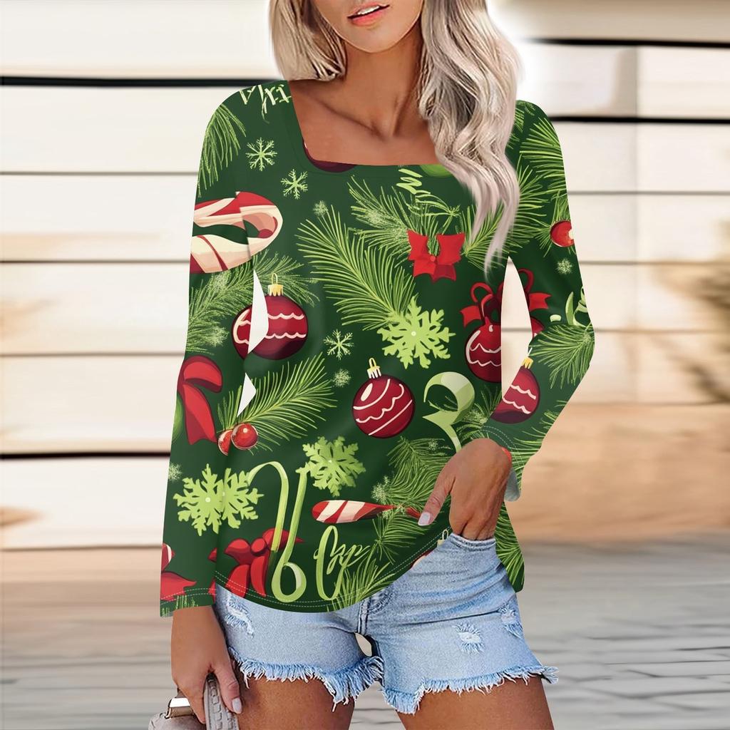 Женская модная повседневная рубашка с длинными рукавами и рождественским принтом с квадратным вырезом и длинными рукавами