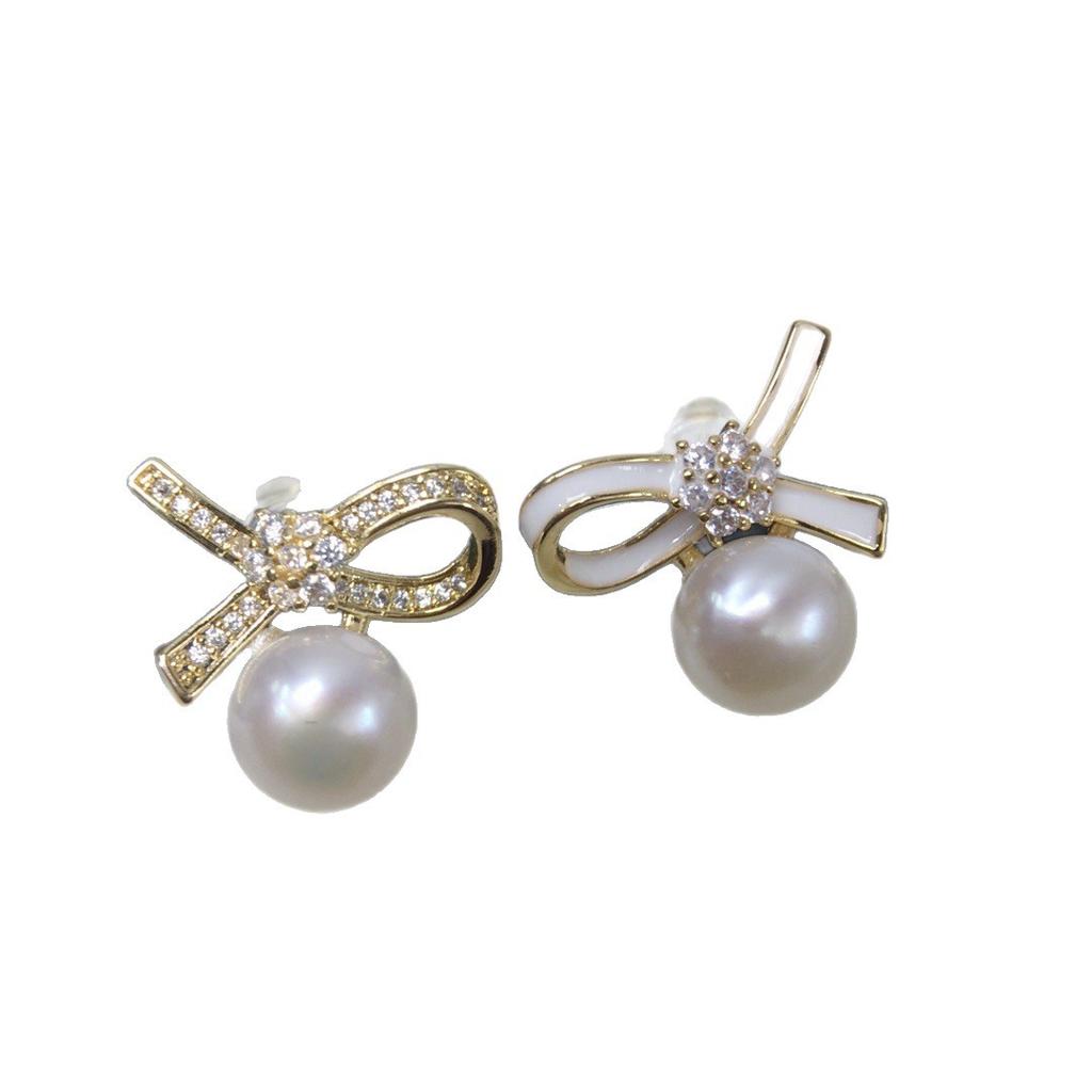 Natural freshwater pearl earrings with a light luxury and high-end feel, asymmetrical design butterfly knot pearl earrings
