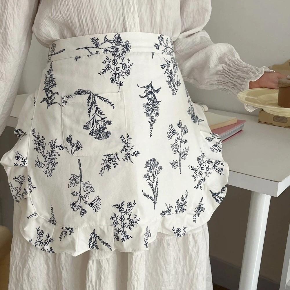 Fashion Floral Plaid Half Apron with Pocket Kitchen Cafe Baking Apron Restaurant Work Chef Waiter