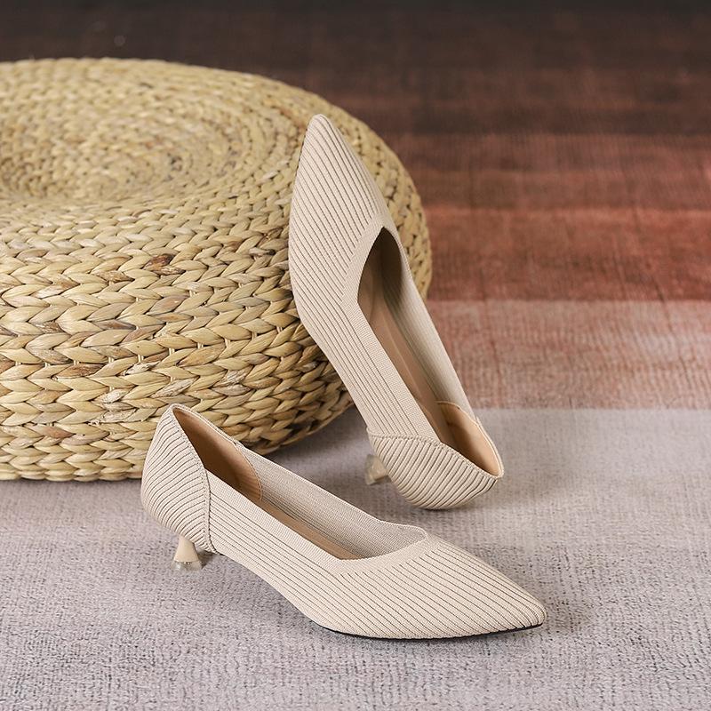 Autumn Women's Low Heels Shoes Fashion Knitted Shoes Casual Breathable Pointed Shoes Comfortable Walking Shoes Zapatillas Mujer