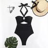 Women Monokini Padded Underwire Solid Color Halter One-Piece Bikini with Hollow Design Beach Vacation Swimwear