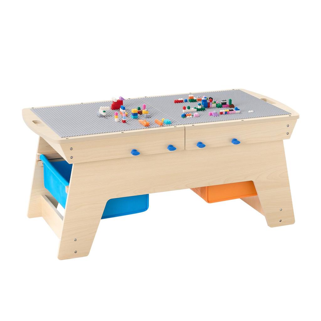 VEVOR Kids Reversible Wooden Activity Table, Multi-Purpose Activity Play Table with 200 Building Bricks & 3 Storage Bins for Kids 3+ Years