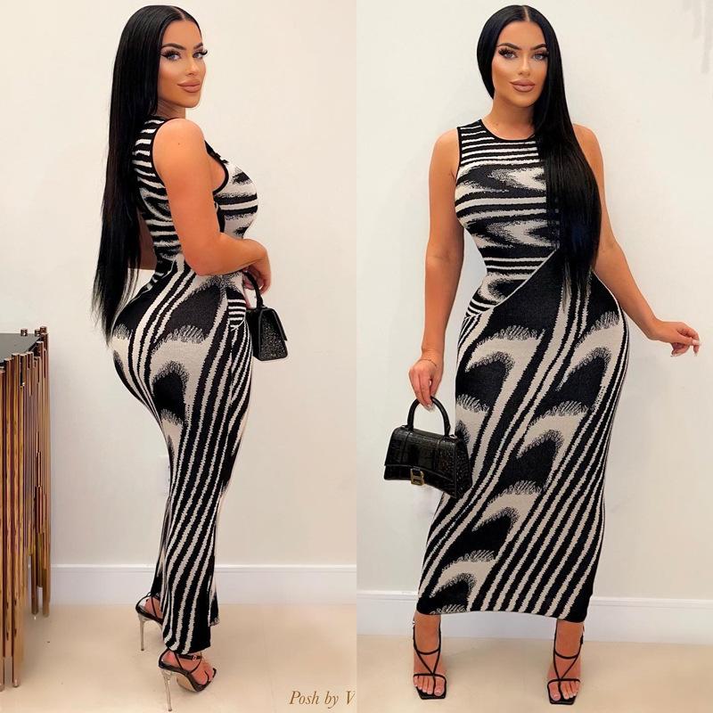 Элегантное женское повседневное женское платье с принтом и круглым вырезом свободного кроя, визуально тонкое длинное платье без рукавов