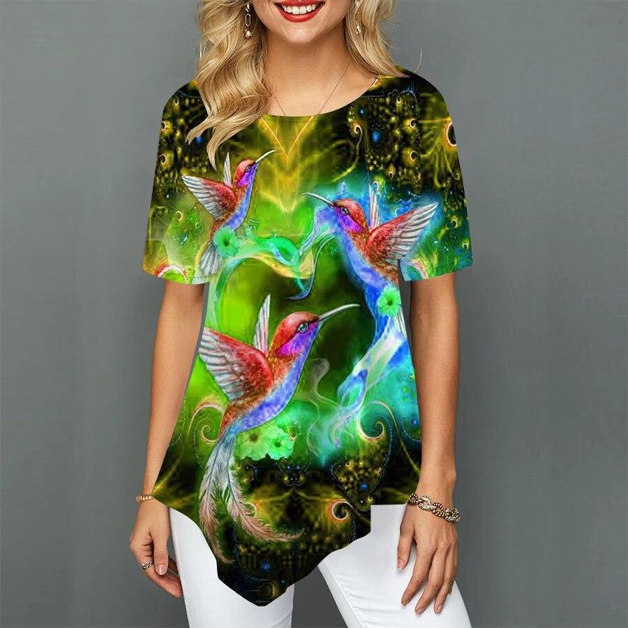 Casual Women Summer T-shirt Hummingbird Love Printed Stretch Loose Shirt Women Clothes Irregular Summer New Tops XS-8XL