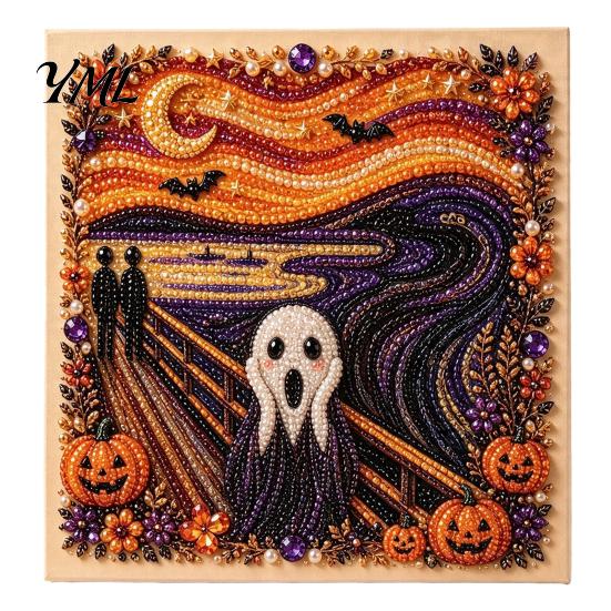 Handmade Ghost Pumpkin Art Halloween Faux Pearl DIY Kit, 3D Bead Embroidery Craft Set, Spooky Haunted House Goat Witch Wall Art, Seasonal Home