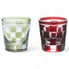 Mizukage Kiriko Pair of Checkered for Cold Checkered Green Bishou J-kitchens Glasses, Pattern, Small, Sake, 55xH58mm, 65cc, & Red, (Current Model)