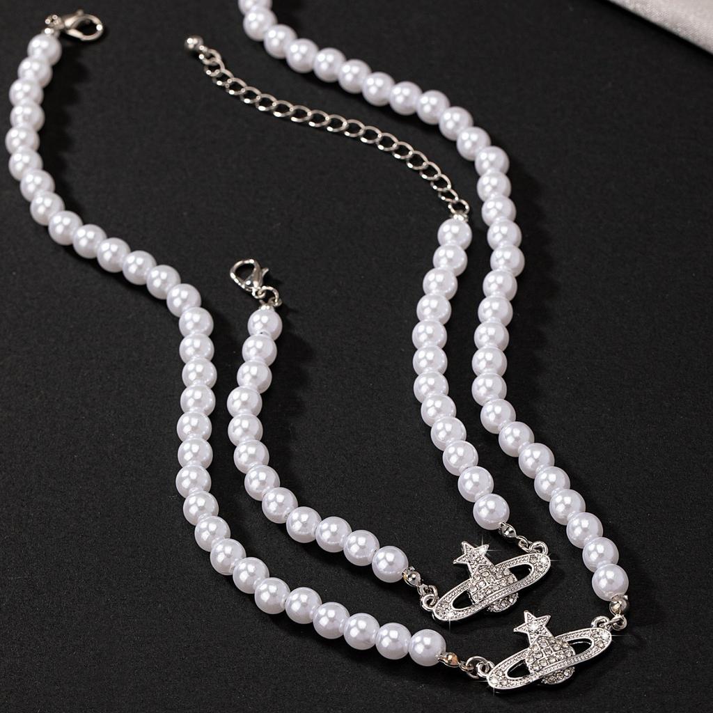 Корейский Модный Тренд Жемчужный Браслет Ожерелье Комплект Женский Нишевый Высококлассный Смысл Легкий Роскошный Стиль Планета Ключичная Цепочка