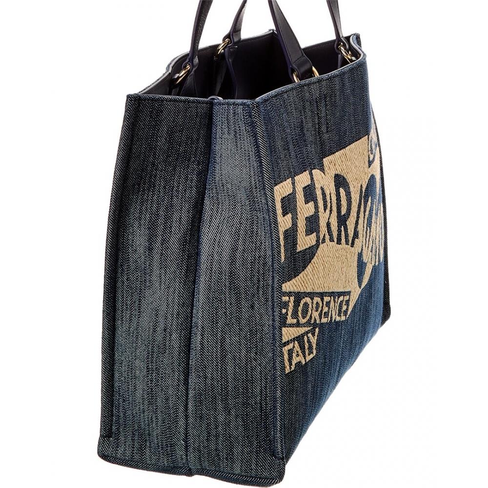 Salvatore Ferragamo Сумка-тоут из денима с логотипом Ferragamo среднего размера, синяя
