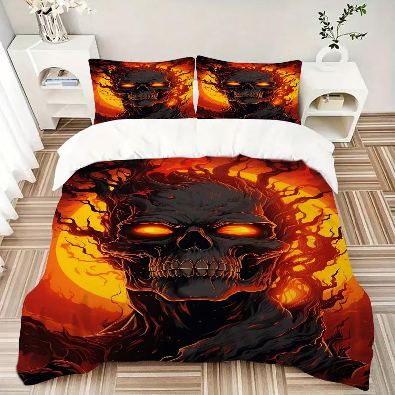 3pcs Fiery Skull Duvet Cover Set - Machine Washable, Includes 1 Cover and 2 Pillowcases, No Core Included yy251013101