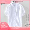 Men's Short Sleeve Stand Collar White Linen Shirt - Lightweight, Breathable, Casual, and Fresh.