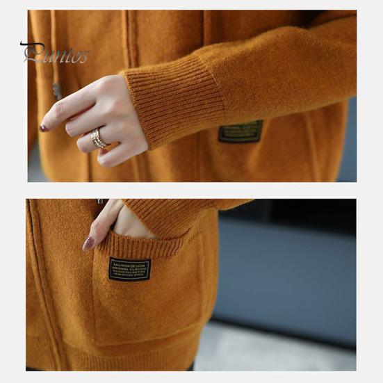 Осень-зима Женское пальто с капюшоном, завязками, длинными рукавами, карманами, плотный, сохраняющий тепло, однотонный кардиган на молнии, повседневная трикотажная куртка