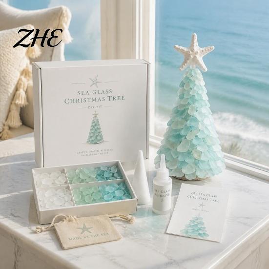 Beach Theme Home Decorations DIY Sea Glass Christmas Tree Art Kit, 3D Coastal Xmas Craft Kit Shards with Pieces, Handmade Beach-Themed Holiday