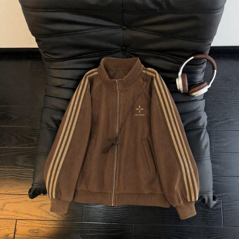 Mens Retro Striped PU Leather Jacket Casual Loose Fit Stand Collar Outerwear Fall Winter