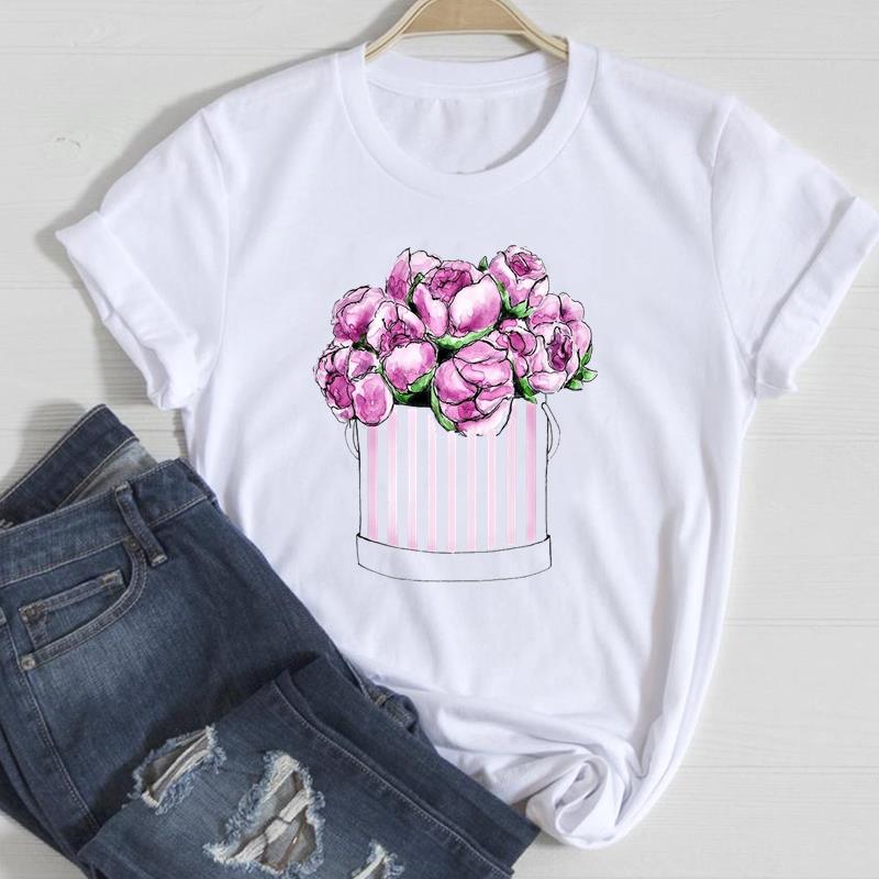 (Азиатский размер) Одежда Повседневная футболка с акварелью и цветочным принтом в стиле 90-х годов, модная футболка с коротким рукавом, женская футболка с круглым вырезом и графическим принтом