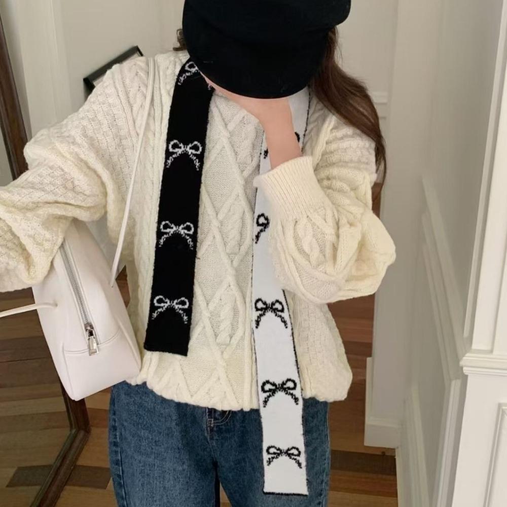 Long Bow Knitted Scarf Color Blocked Narrow Neck Cover Soft Double-sided Scarf Streetwear