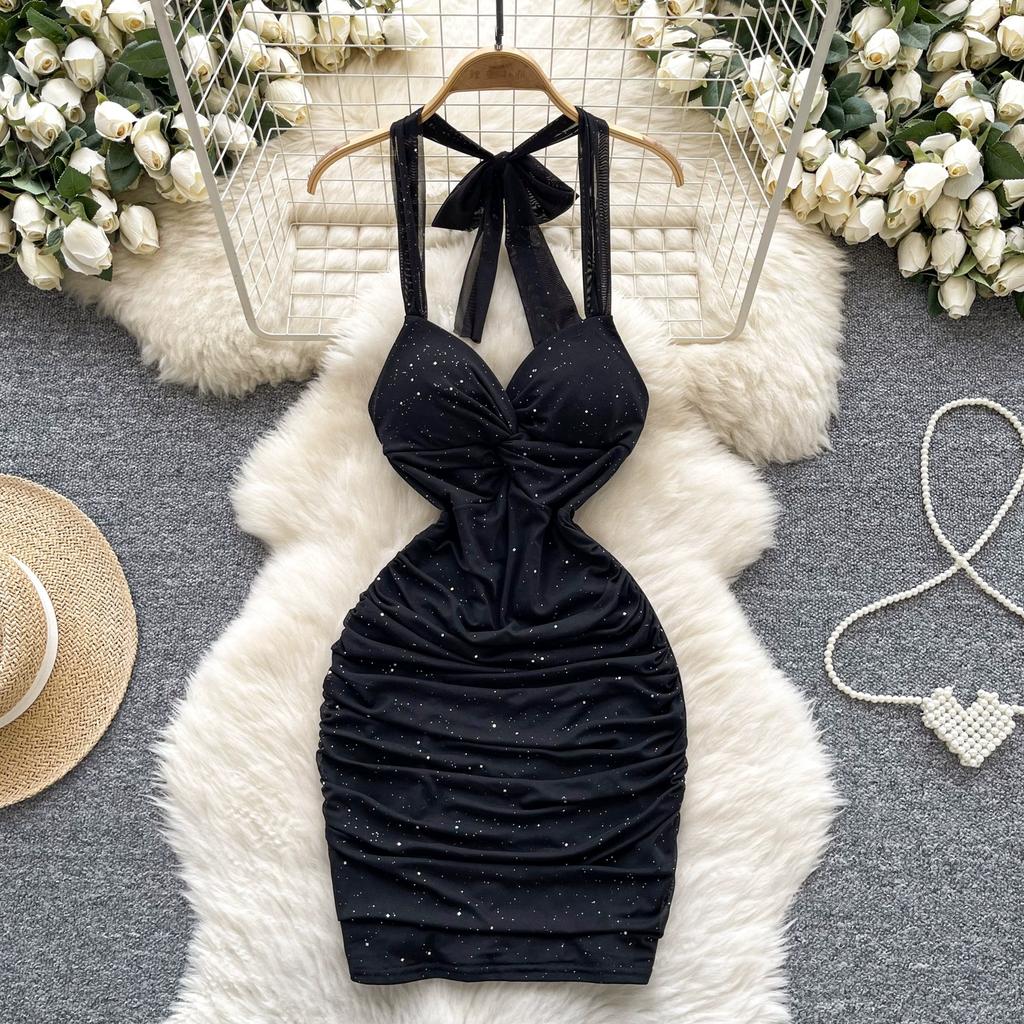 Летние женские сексуальные бретельки через шею с открытой спиной, блестящие, облегающие, мини-короткие, клубные платья для вечеринок