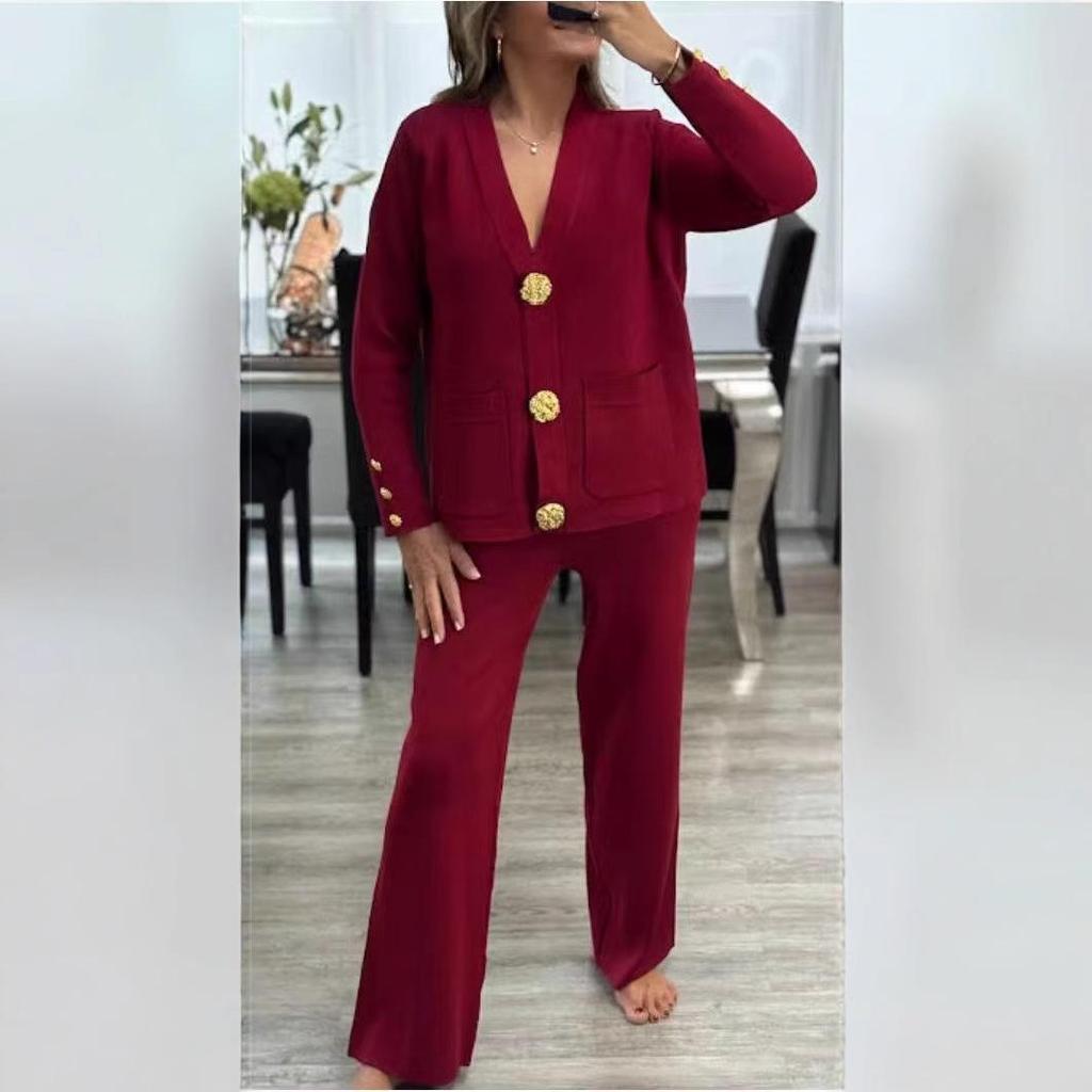European Style Women's Knit Cardigan & Wide-Leg Pants Two-Piece Set