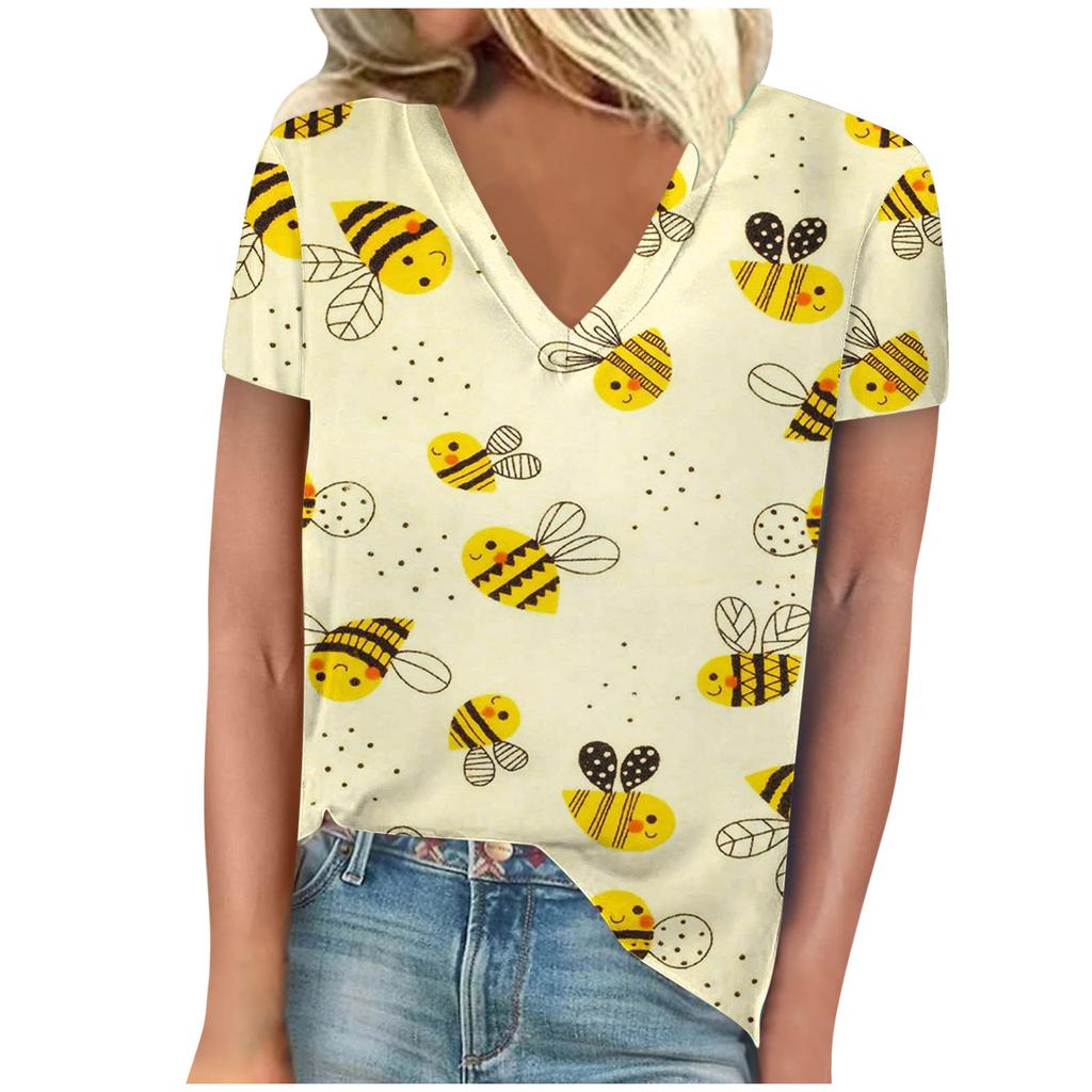 Винтажная женская футболка с принтом пчелы, с коротким рукавом, с V-образным вырезом, удобные футболки